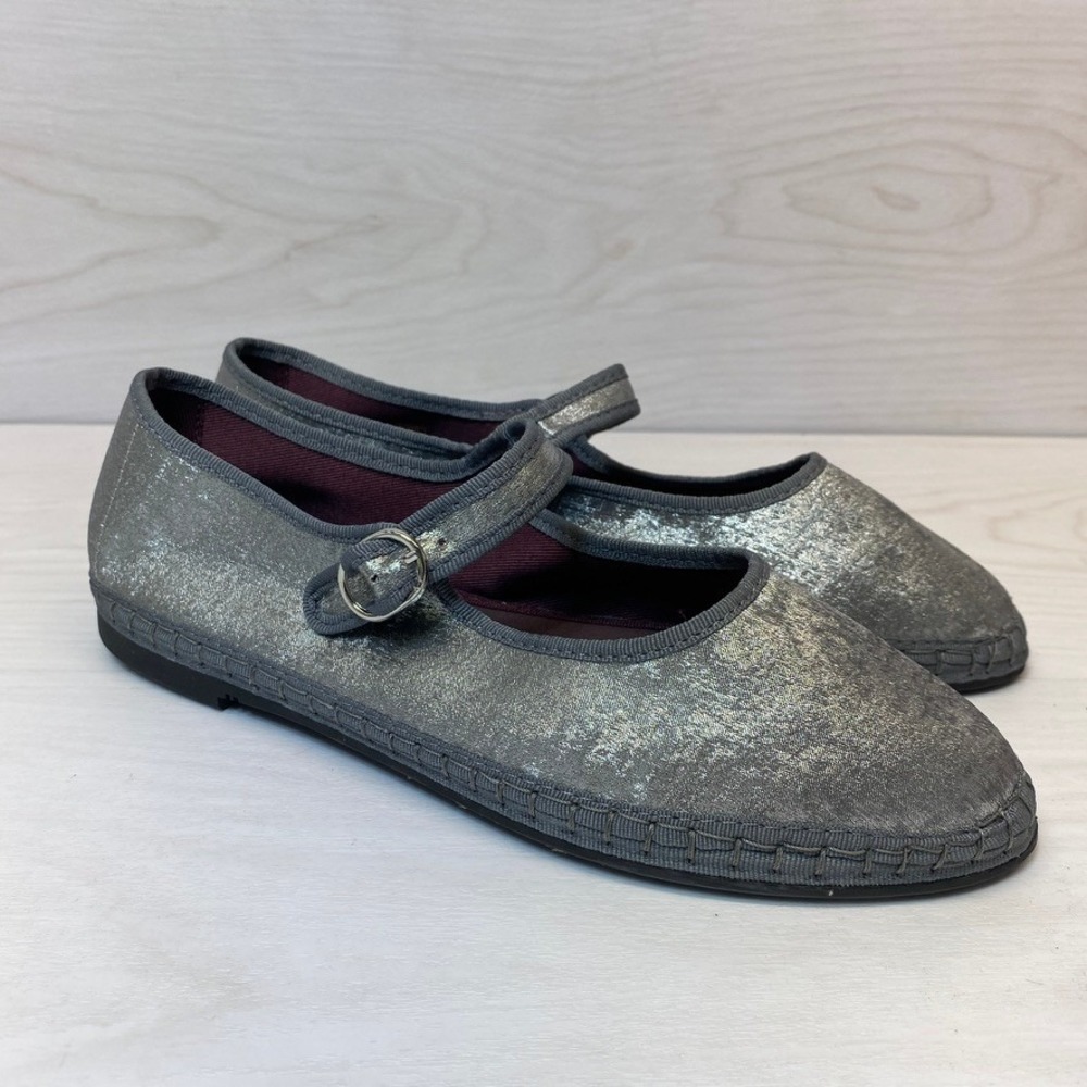Flabelus Womens 38 Mary Jane Espadrille Flats Metallic Silver Buckle Spain